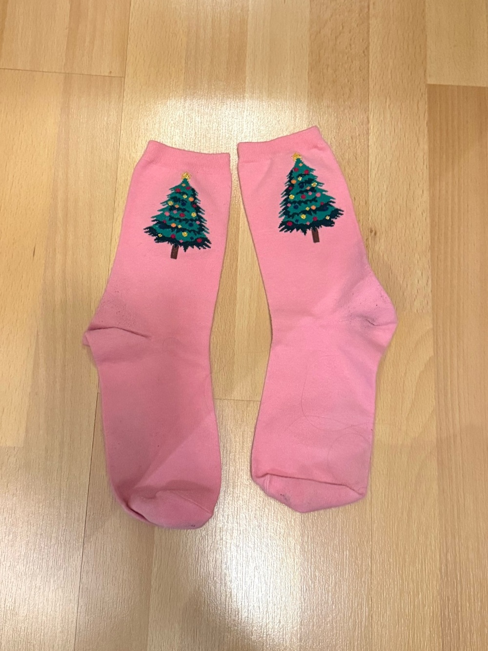 Talbots Pink Crew Socks with Green Christmas Tree Embroidery